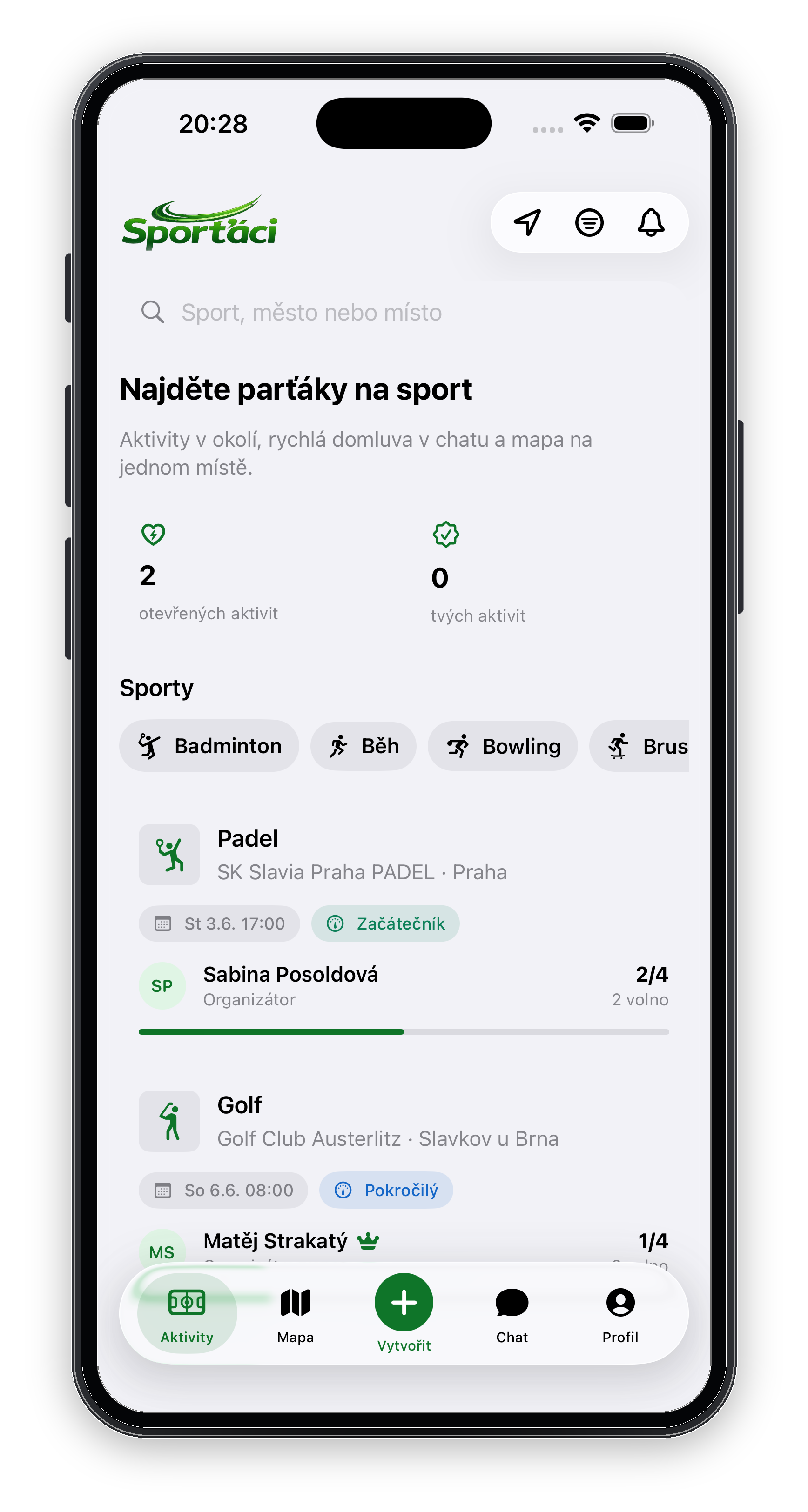 iPhone mockup aplikace Sporťáci s přehledem sportovních aktivit